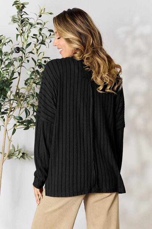 Ribbed Round Neck Slit Knit Sweater
