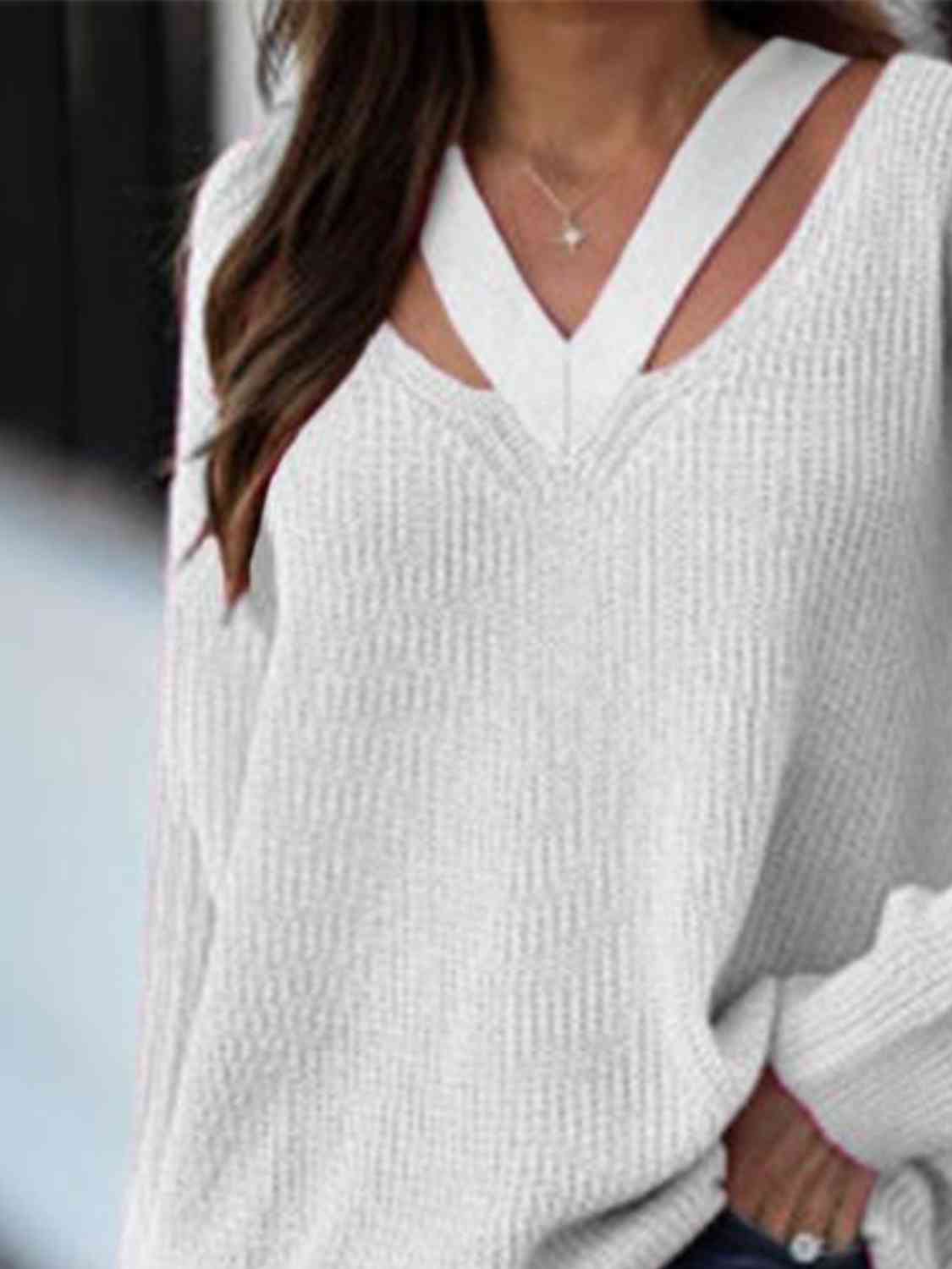 Cutout V-Neck Rib-Knit Sweater