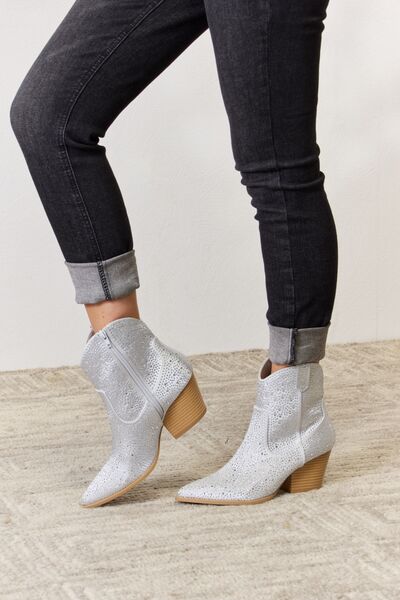 Silver Rhinestone Ankle Cowboy Boots