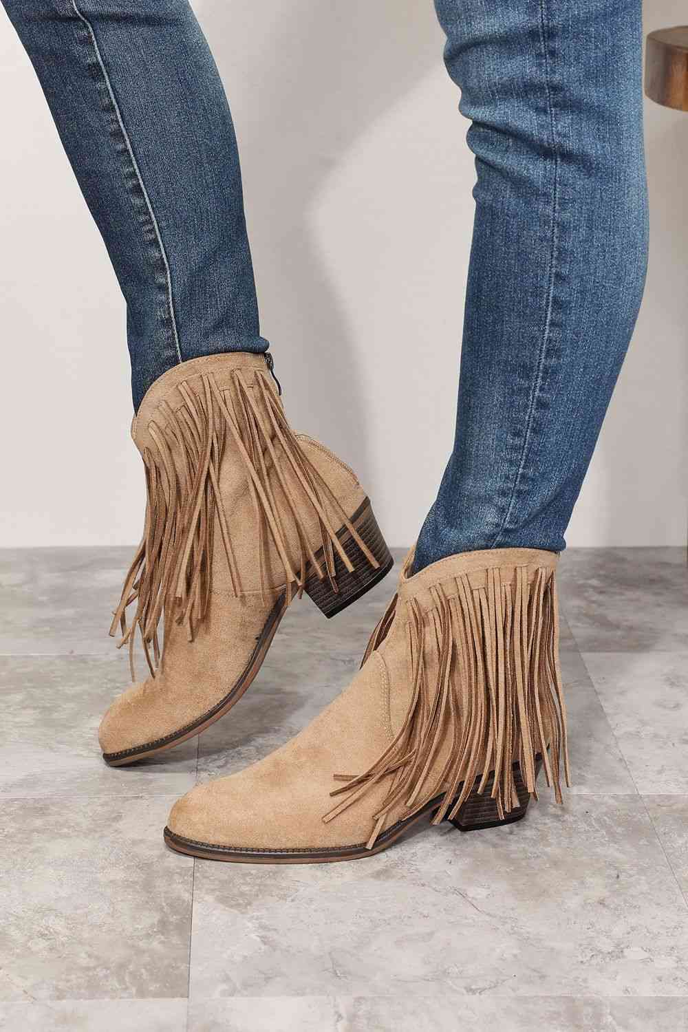 Lish Fringe Ankle Boots in Tan