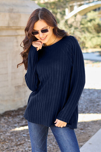 Ribbed Round Neck Long Sleeve Knit Sweater