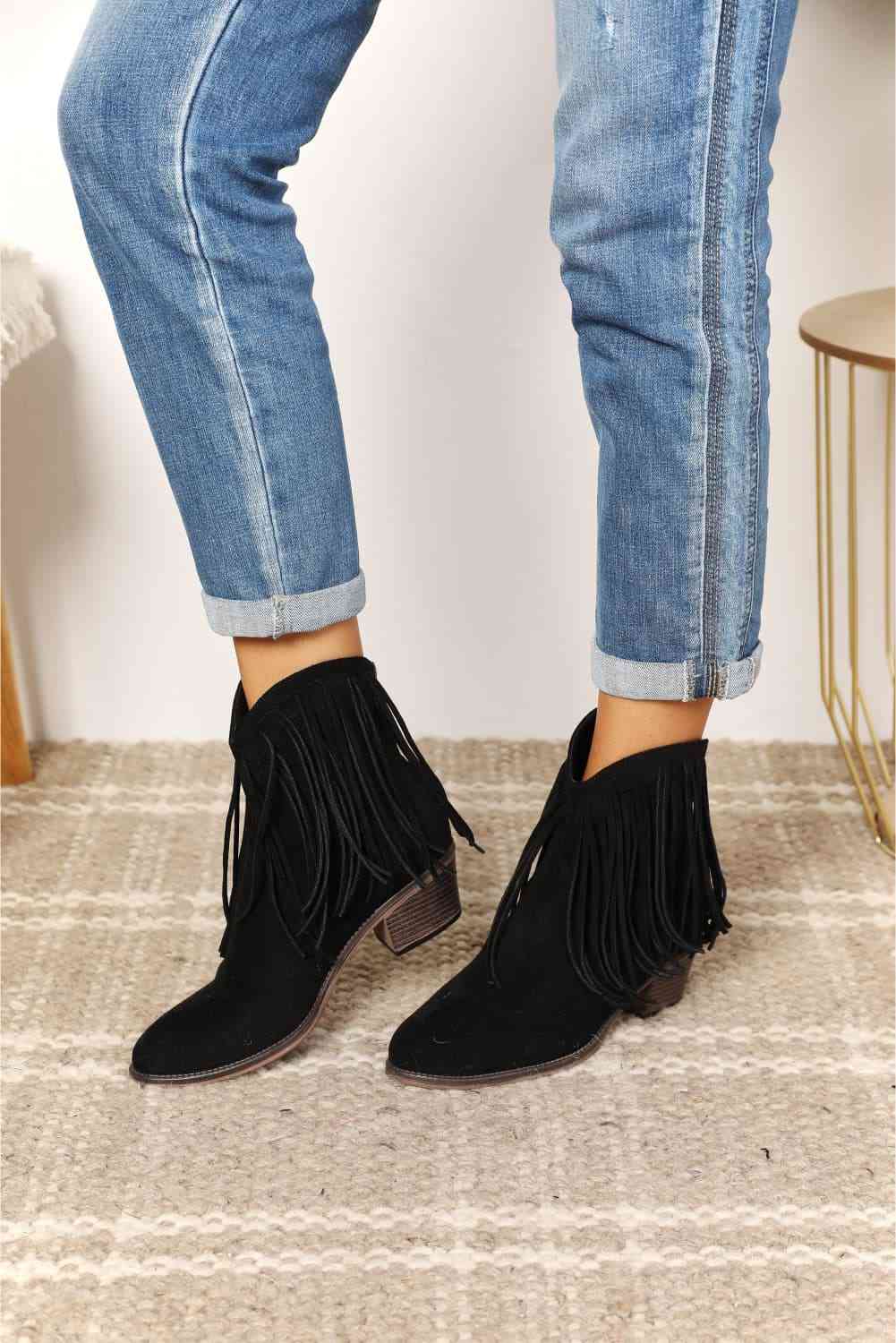 Lish Fringe Ankle Boots in Black