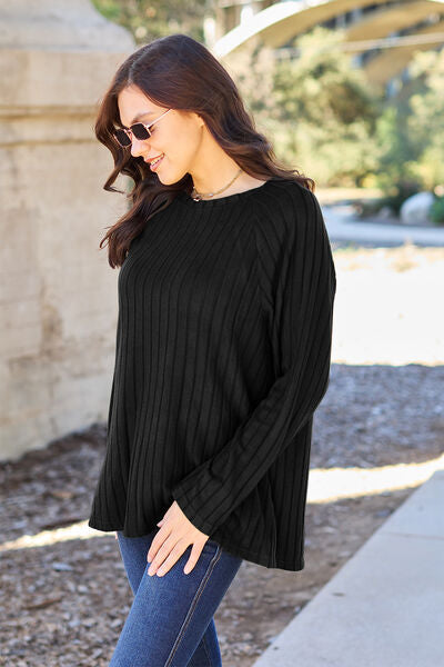 Ribbed Round Neck Long Sleeve Knit Sweater