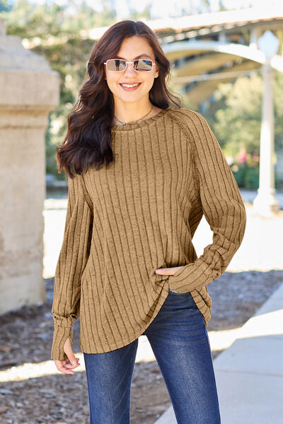 Ribbed Exposed Seem Round Neck Long Sleeve Knit Sweater