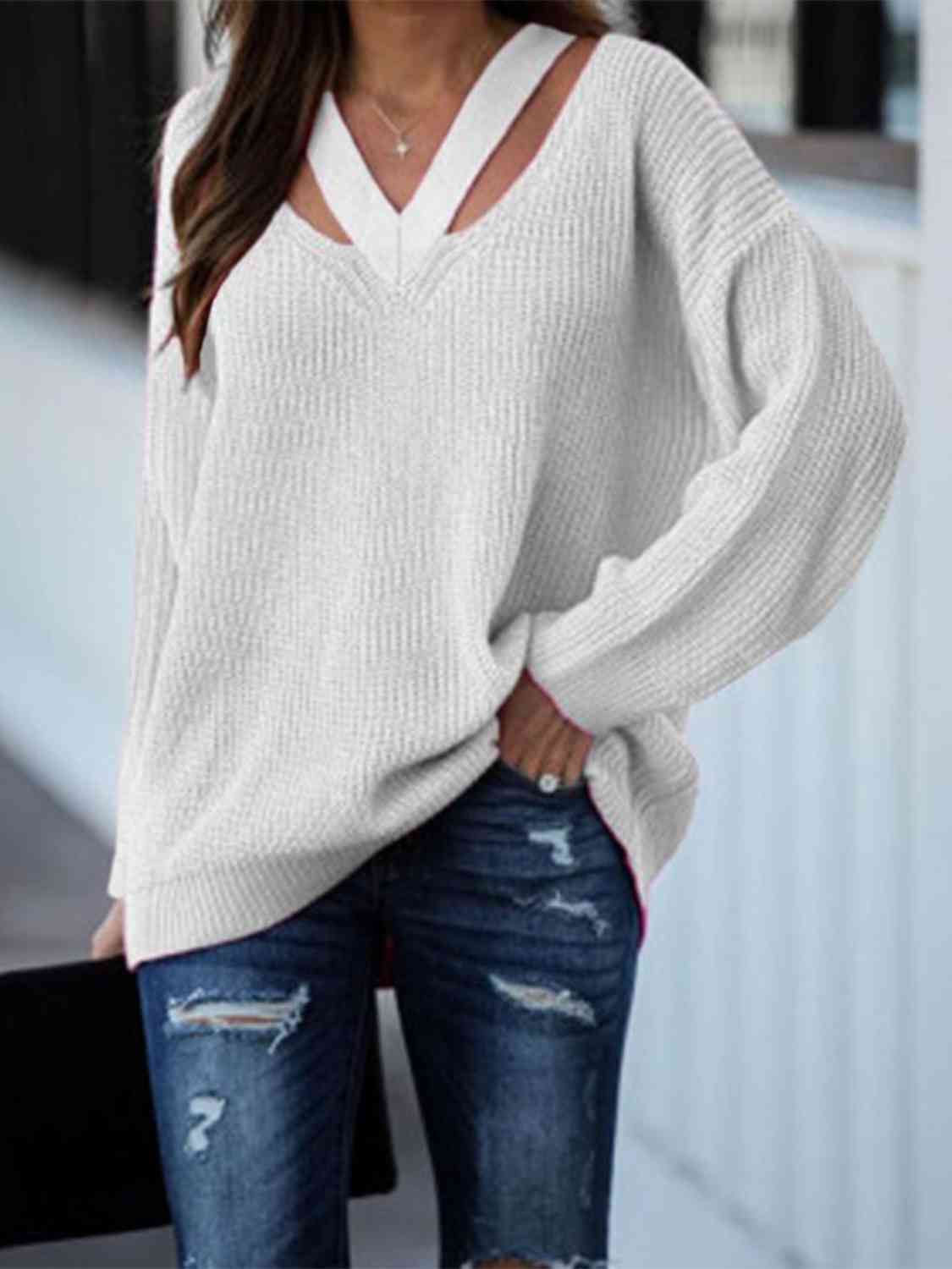 Cutout V-Neck Rib-Knit Sweater