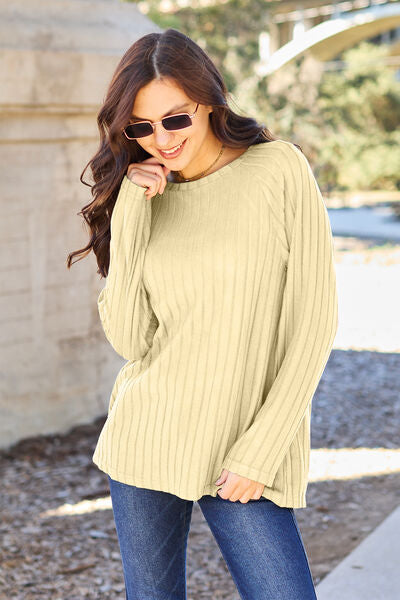 Ribbed Round Neck Long Sleeve Knit Sweater