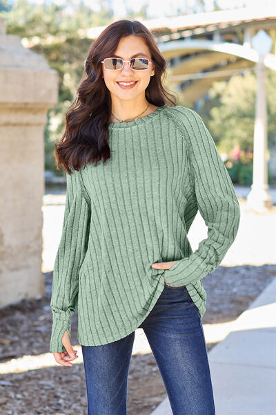 Ribbed Exposed Seem Round Neck Long Sleeve Knit Sweater