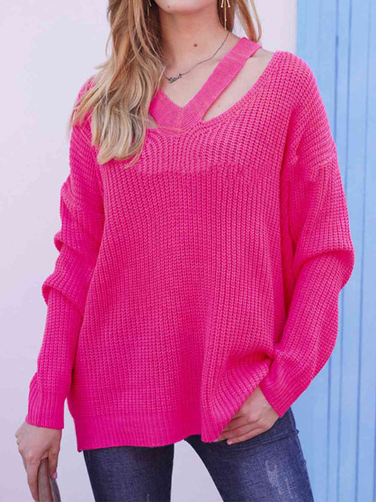 Cutout V-Neck Rib-Knit Sweater