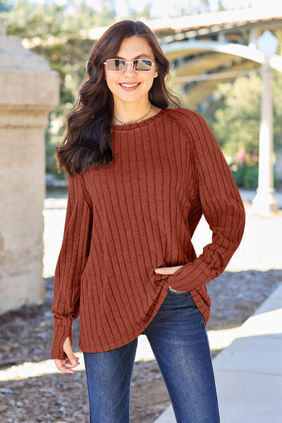 Ribbed Exposed Seem Round Neck Long Sleeve Knit Sweater