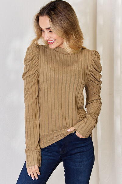 Ribbed Mock Neck Puff Sleeve Top