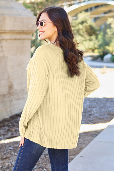 Ribbed Round Neck Long Sleeve Knit Sweater