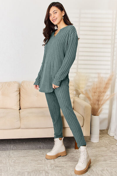 Notched Long Sleeve Top and Pants Set