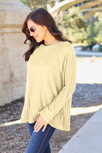 Ribbed Round Neck Long Sleeve Knit Sweater