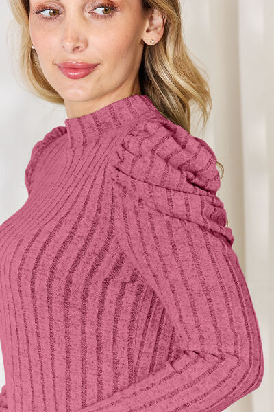 Ribbed Mock Neck Puff Sleeve Top