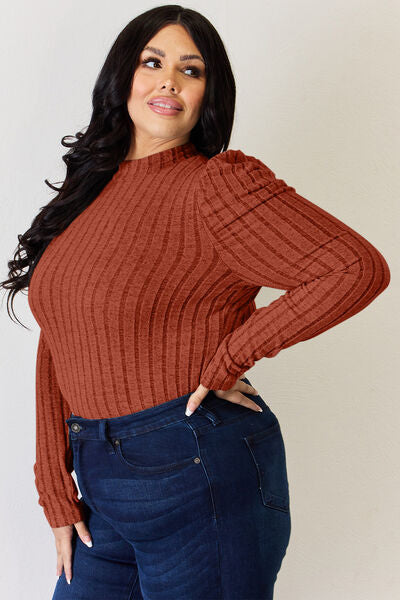 Ribbed Mock Neck Puff Sleeve Top