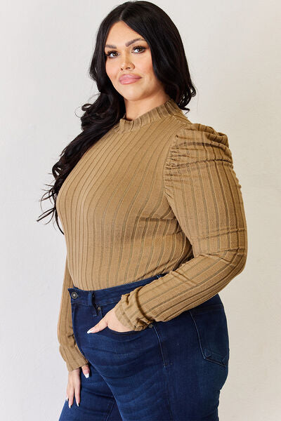 Ribbed Mock Neck Puff Sleeve Top