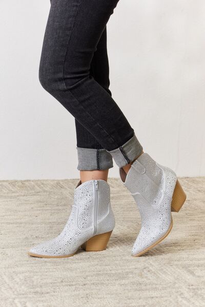 Silver Rhinestone Ankle Cowboy Boots