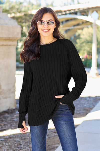 Ribbed Exposed Seem Round Neck Long Sleeve Knit Sweater