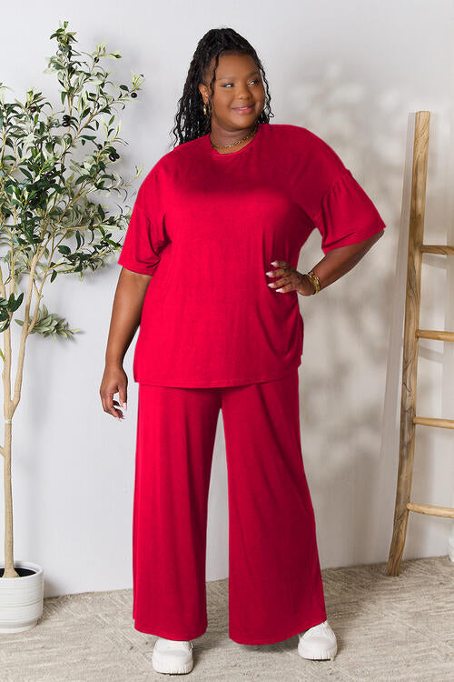 Round Neck Slit Top and Pants Set