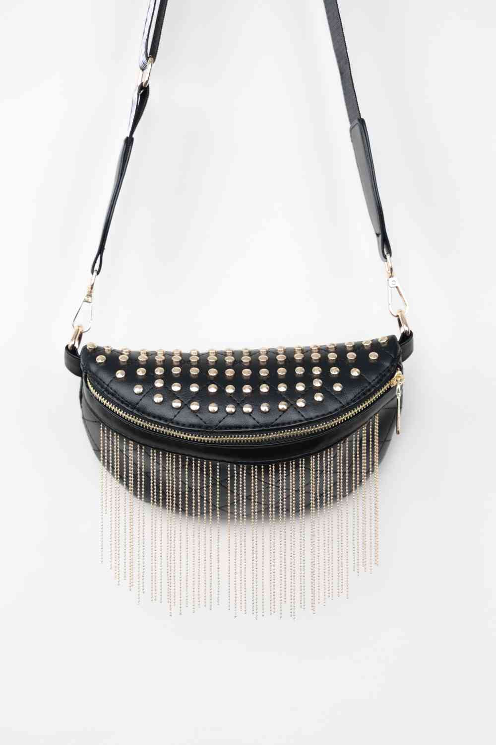 Leather Studded Sling Bag with Fringes