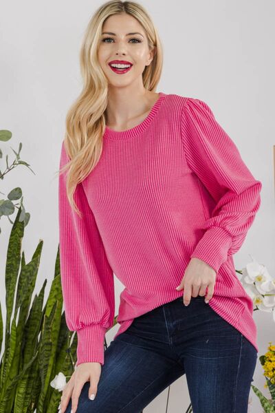 Striped Round Neck Lantern Sleeve Top