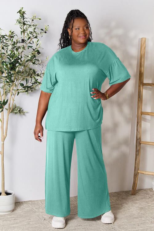 Round Neck Slit Top and Pants Set