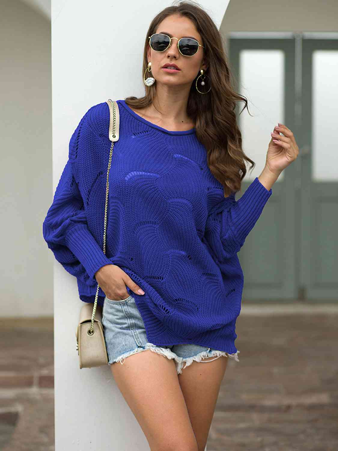 Boat Neck Lantern Sleeve Openwork Knit Top