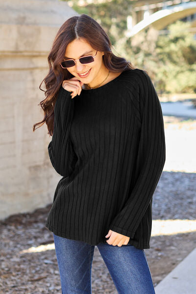 Ribbed Round Neck Long Sleeve Knit Sweater