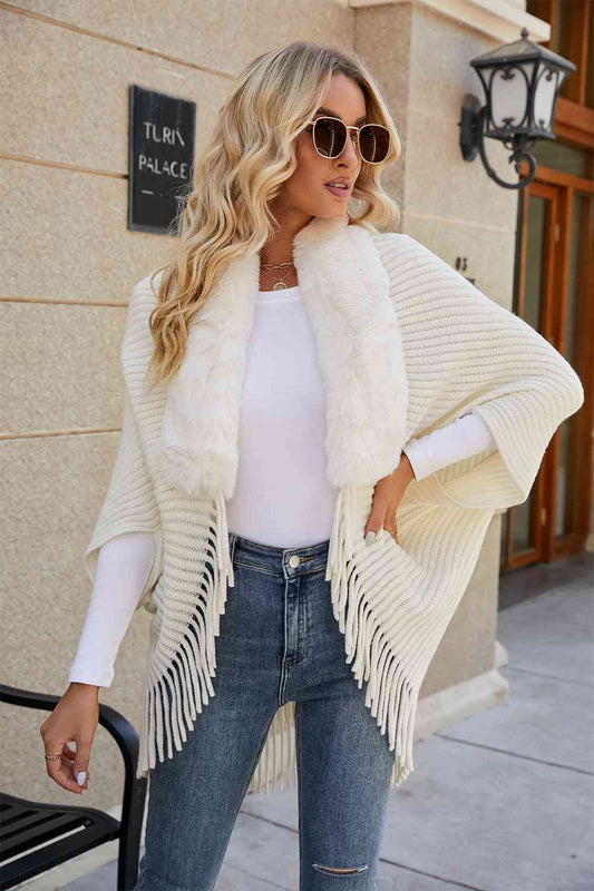 Fringe Long Sleeve Ribbed Poncho