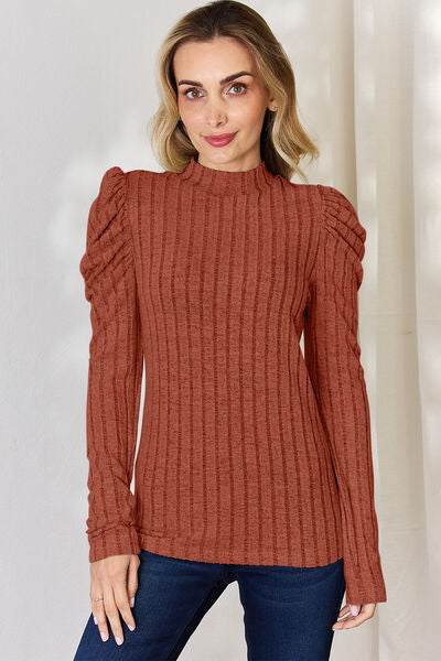 Ribbed Mock Neck Puff Sleeve Top