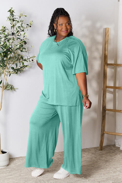 Round Neck Slit Top and Pants Set