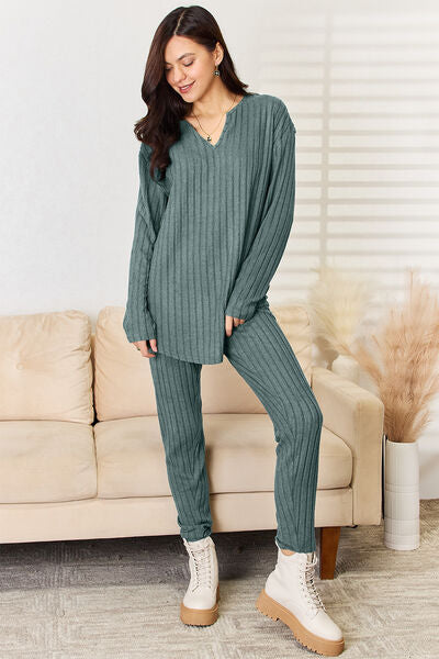 Notched Long Sleeve Top and Pants Set