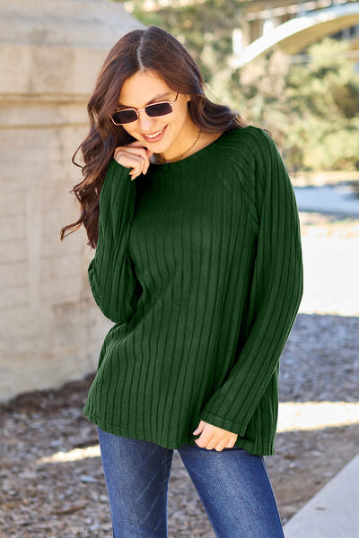 Ribbed Round Neck Long Sleeve Knit Sweater