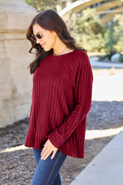 Ribbed Round Neck Long Sleeve Knit Sweater