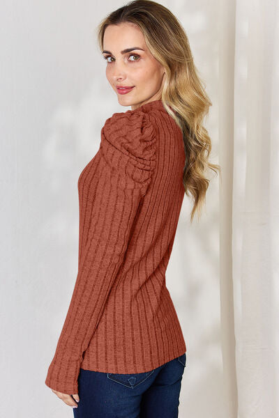 Ribbed Mock Neck Puff Sleeve Top