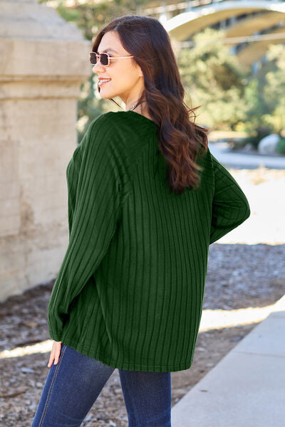 Ribbed Round Neck Long Sleeve Knit Sweater