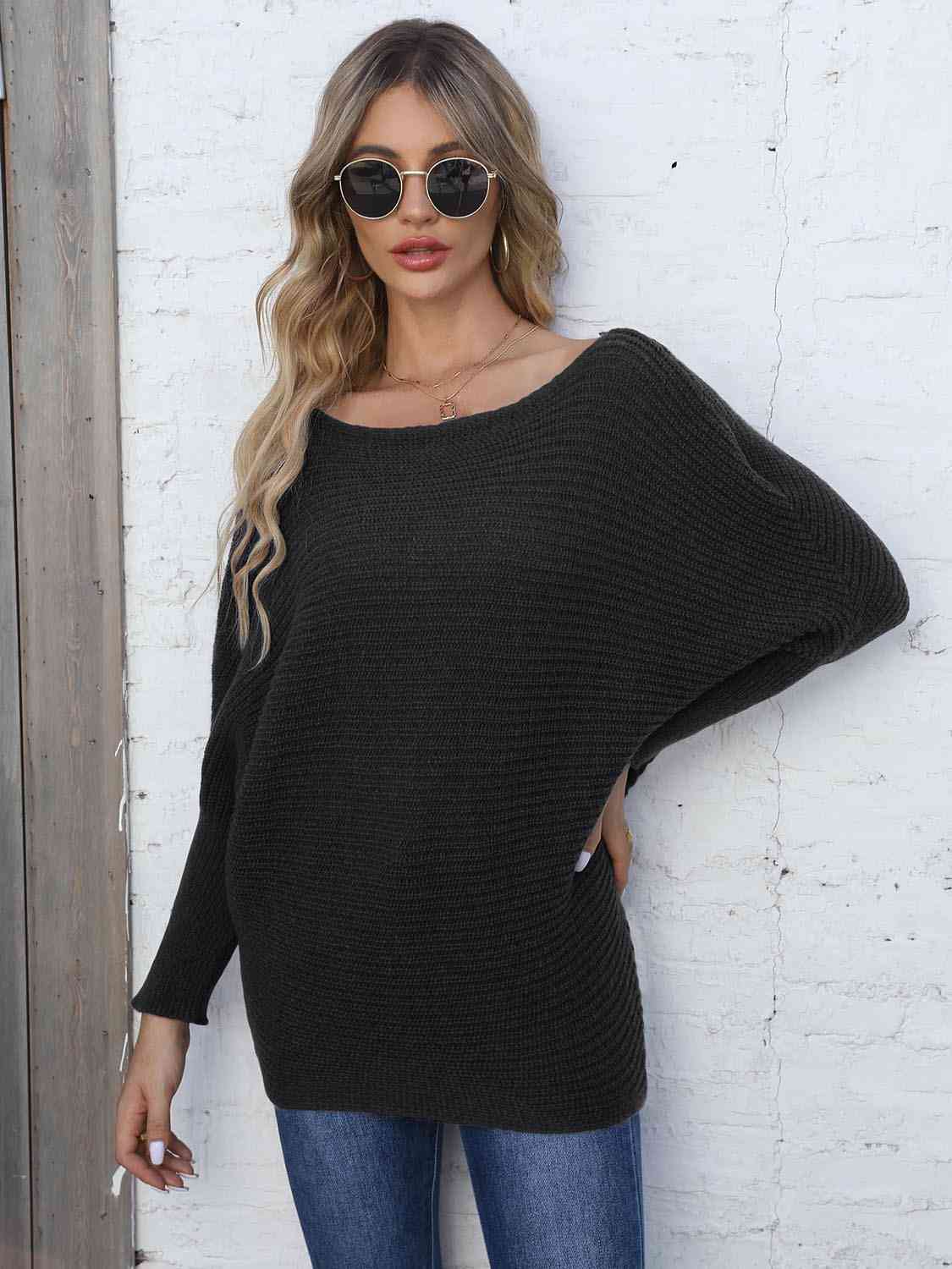 Horizontal Ribbing Dolman Sleeve Sweater