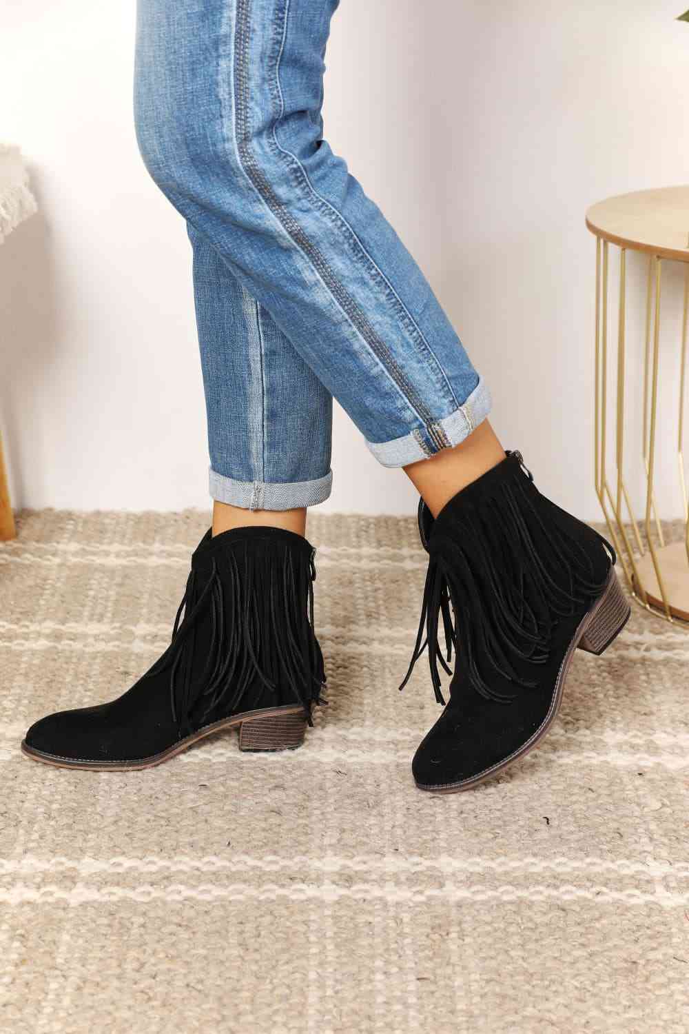 Lish Fringe Ankle Boots in Black