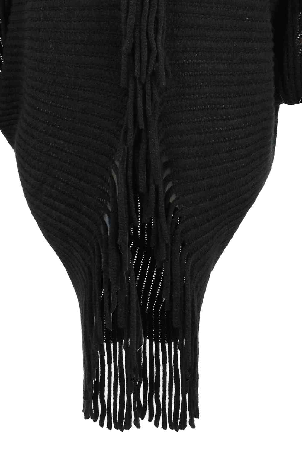 Fringe Long Sleeve Ribbed Poncho