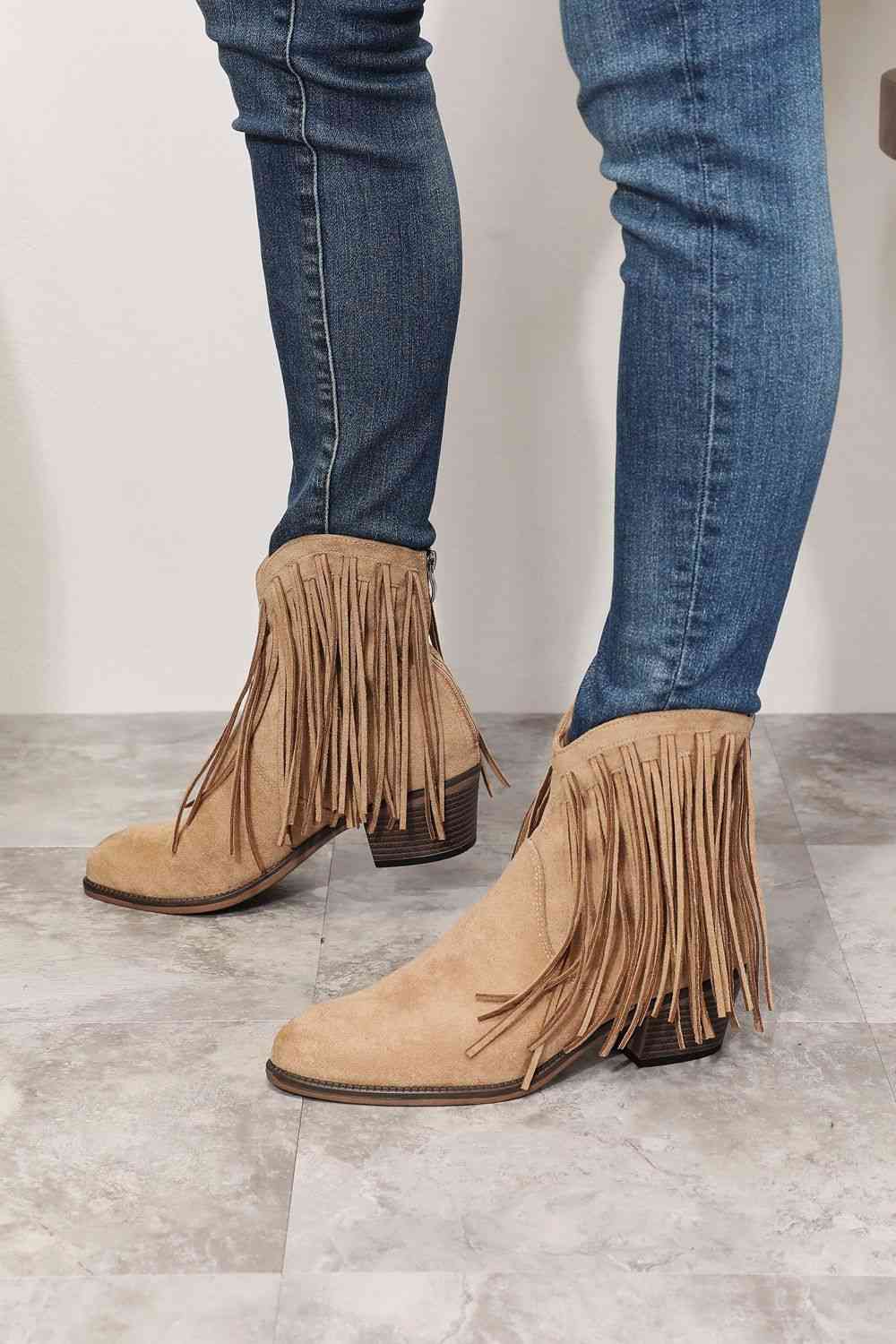 Lish Fringe Ankle Boots in Tan