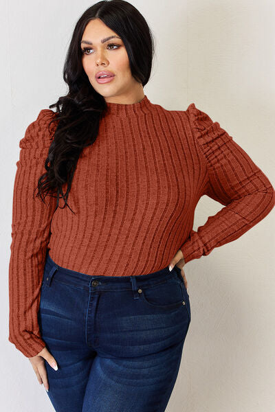 Ribbed Mock Neck Puff Sleeve Top