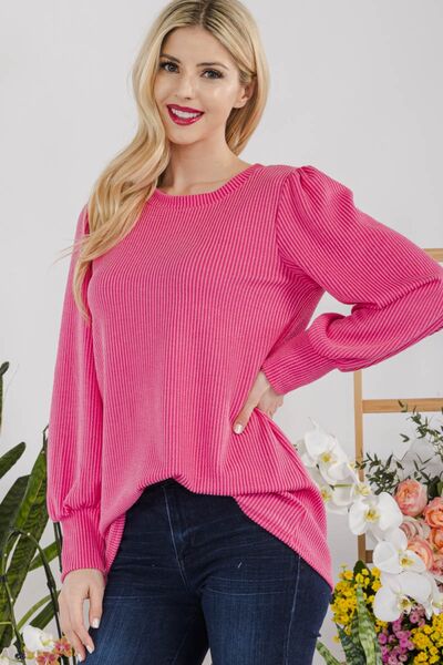 Striped Round Neck Lantern Sleeve Top