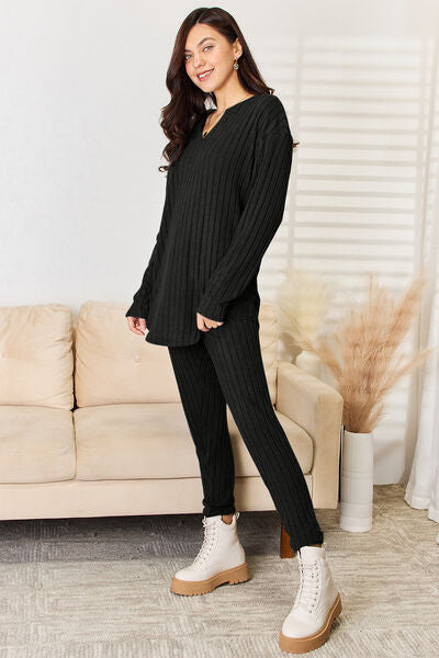 Notched Long Sleeve Top and Pants Set