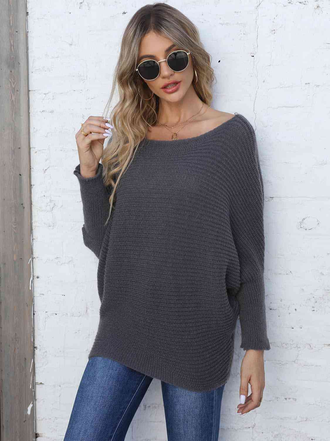 Horizontal Ribbing Dolman Sleeve Sweater