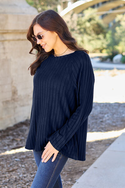 Ribbed Round Neck Long Sleeve Knit Sweater